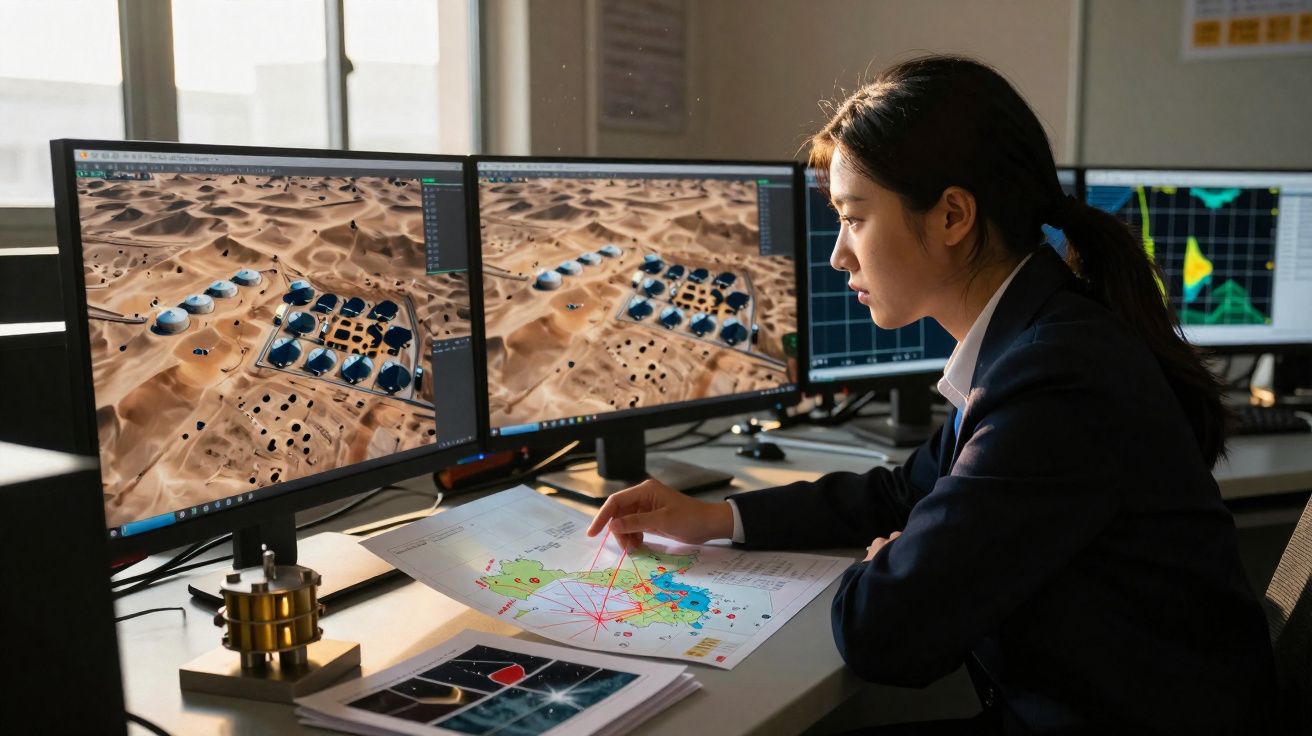 Mulher a analisar imagens de satélite no computador e mapas impressos numa sala de controlo.