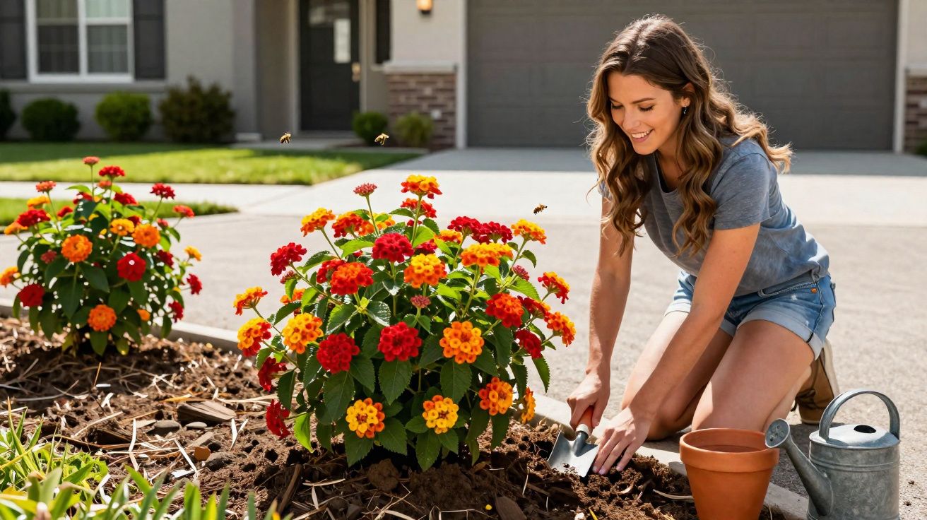Mulher sorridente a cuidar de flores vermelhas e amarelas num jardim em frente a casa.