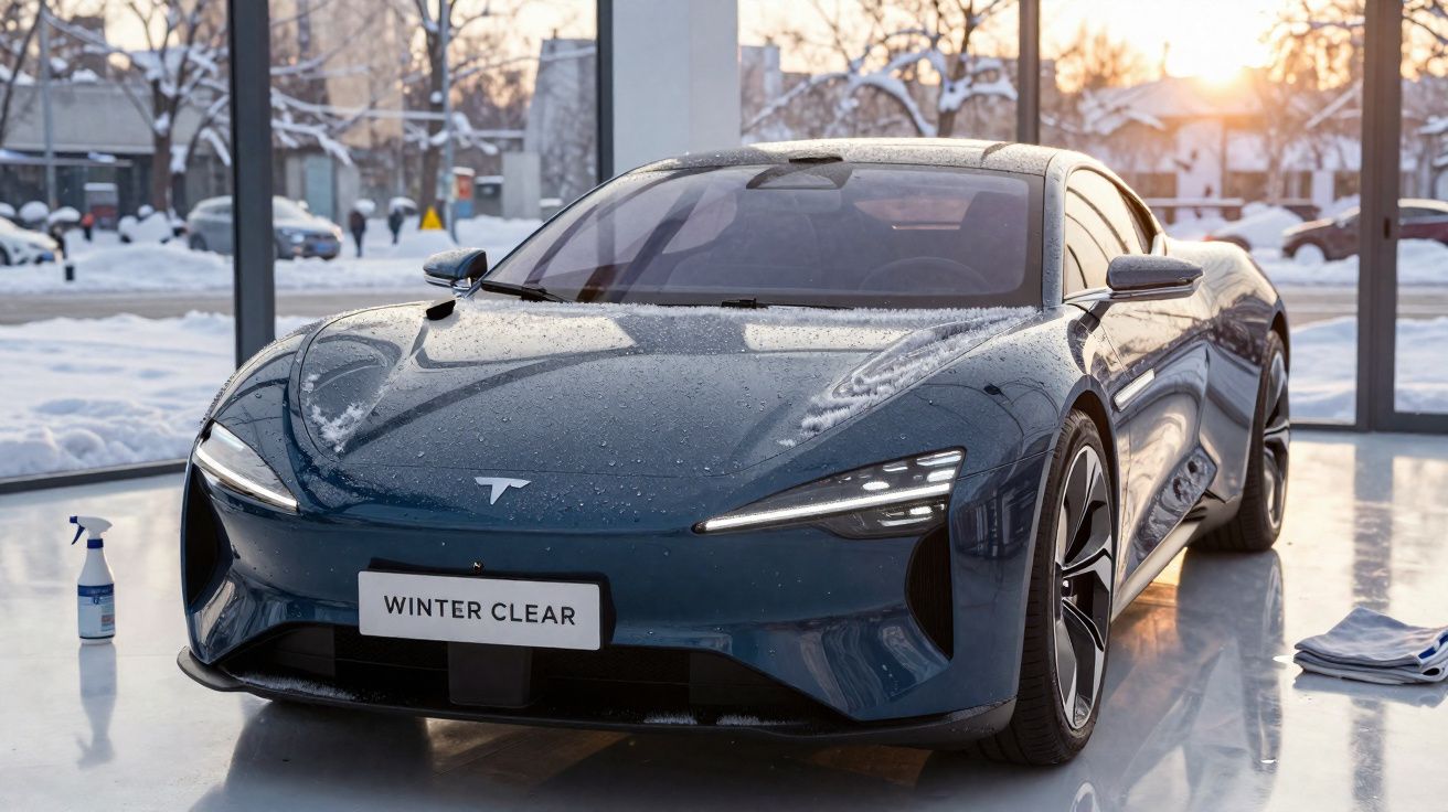 Carro elétrico Tesla azul com gotas de água, exposto em garagem com neve e pôr do sol ao fundo.