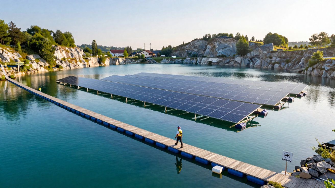 Painéis solares flutuantes numa lagoa rodeada por rochas e árvores, com pessoa a caminhar numa passadeira de madeira.