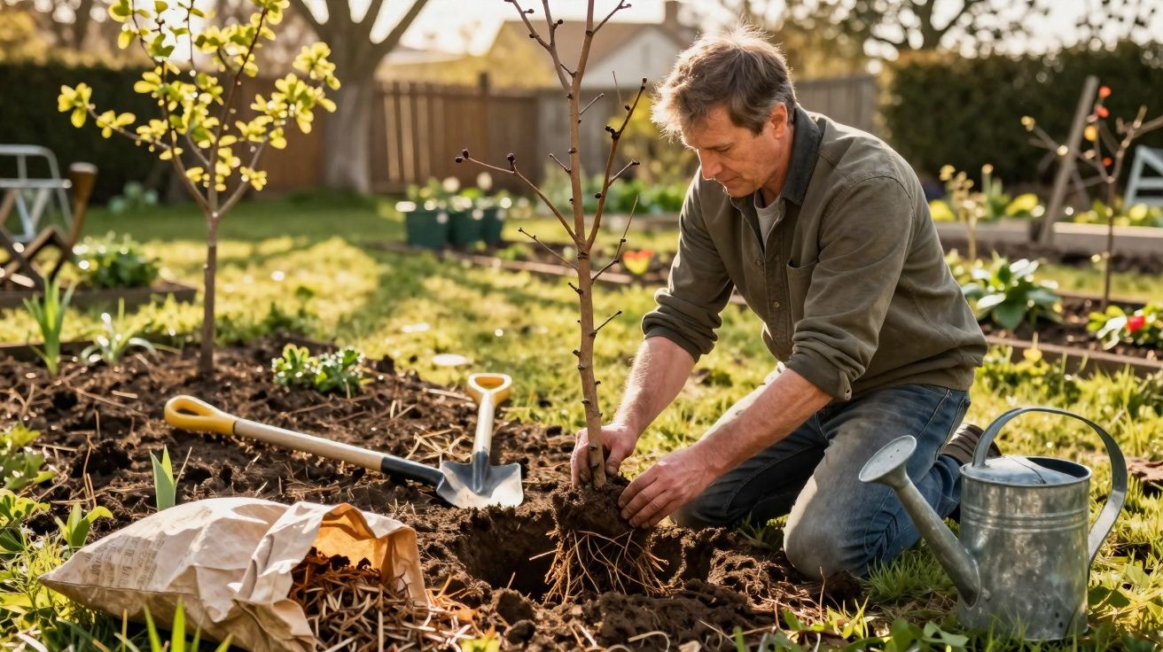 Homem a plantar uma árvore jovem num jardim com regador e enxada ao lado num dia ensolarado.