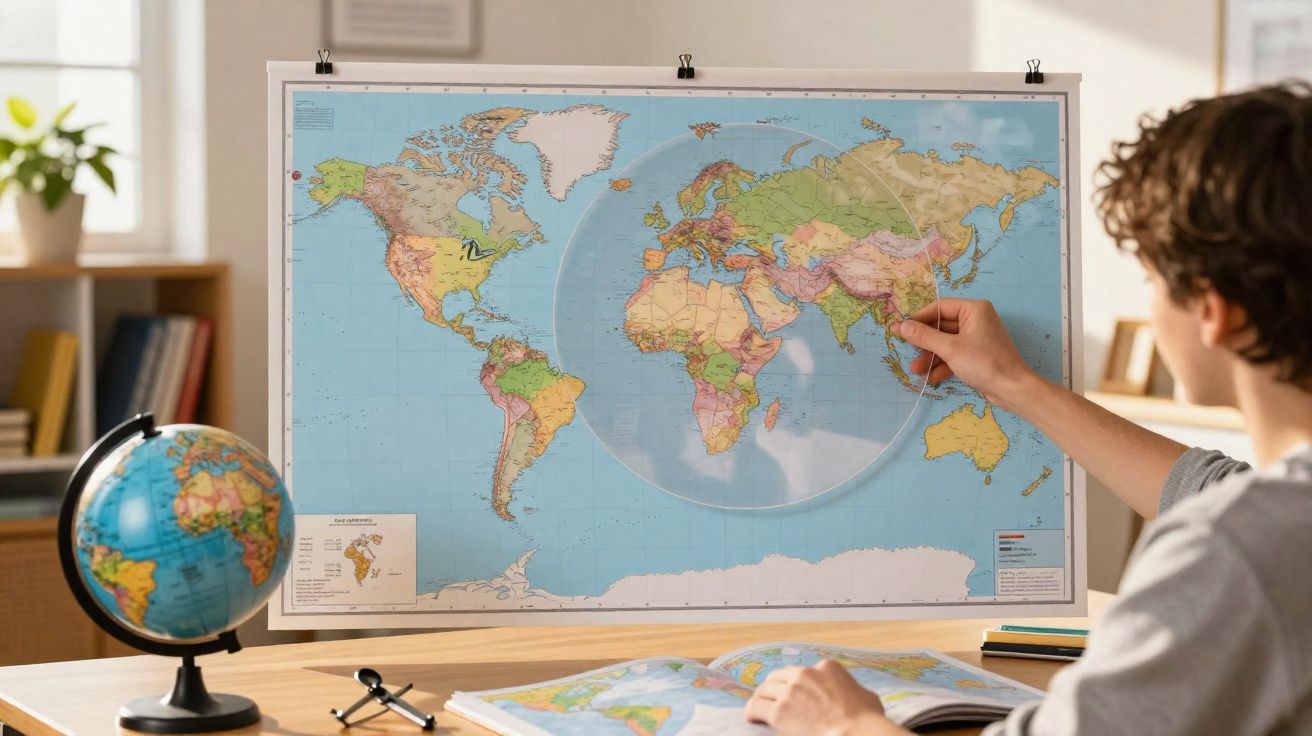 Pessoa a apontar para o mapa-múndi na parede com uma lupa, rodeada de materiais de estudo geográficos.