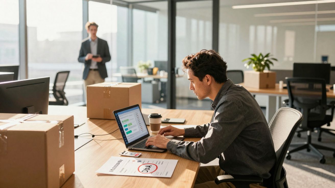 Homem a trabalhar num portátil numa mesa com caixas e documento de faturação num escritório moderno.