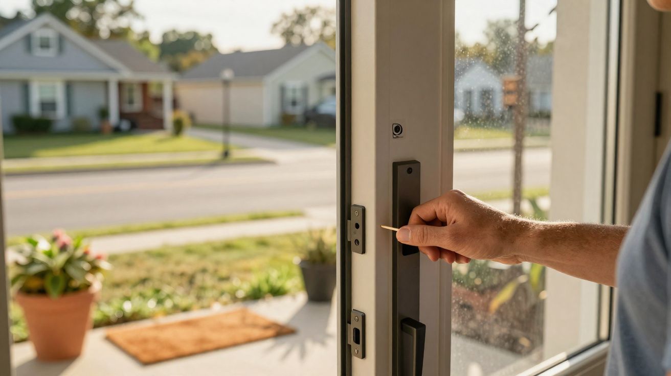 Pessoa a abrir porta de vidro com ferramenta, entrada de casa com plantas e rua ao fundo.
