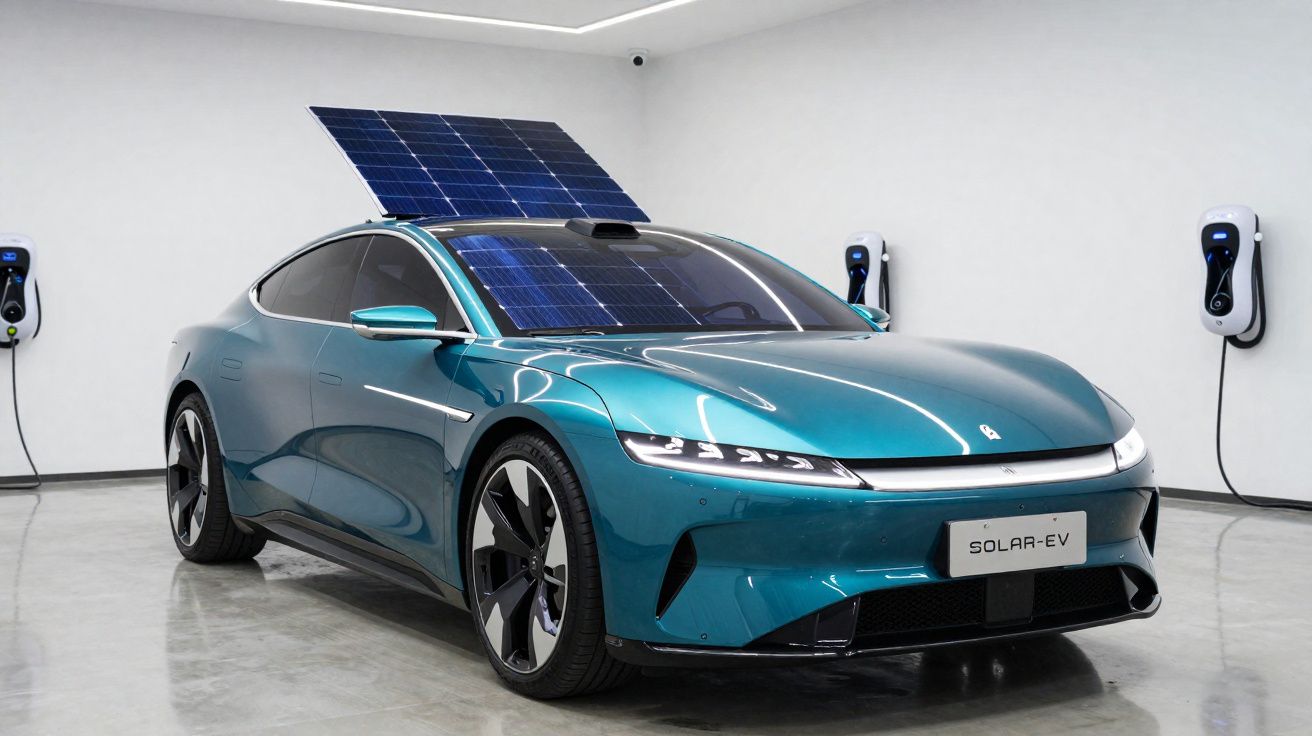 Carro elétrico azul com painel solar no teto, estacionado numa garagem branca com carregadores elétricos.