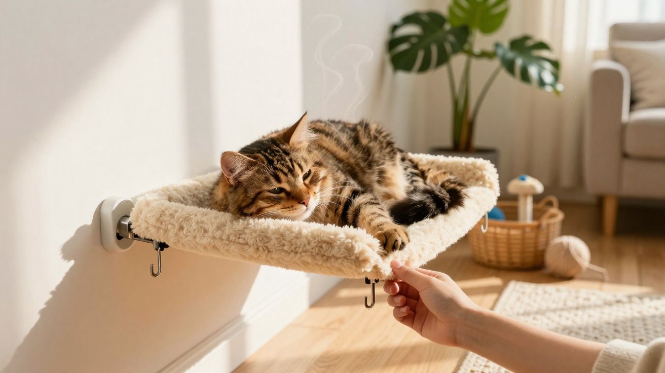 Gato malhado a descansar numa cama suspensa de tecido junto à parede, com mão a tocar a cama.