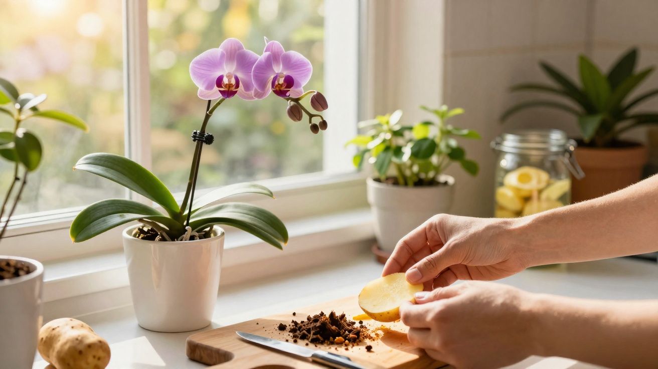 Mãos a cortar batata numa cozinha iluminada, com vasos de plantas, incluindo uma orquídea lilás, na janela.