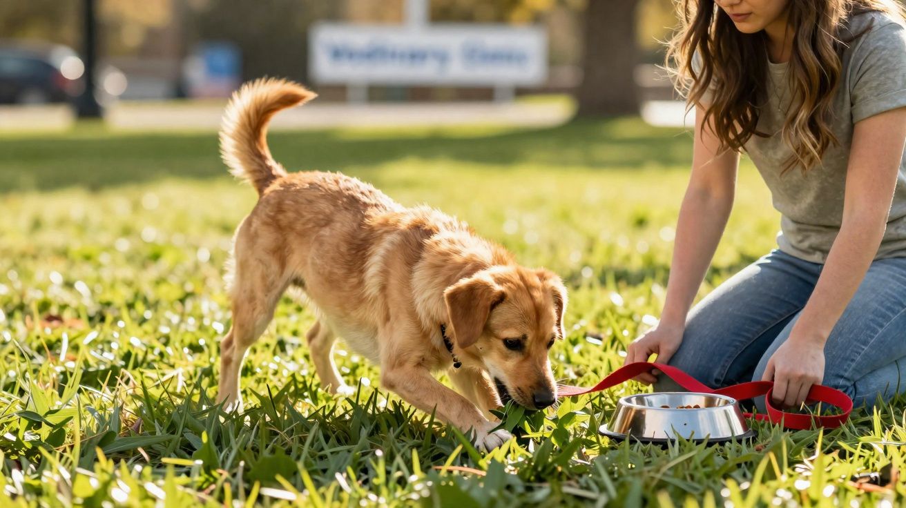 Cão castanho a beber água numa taça metálica na relva, ao lado de uma pessoa ajoelhada.