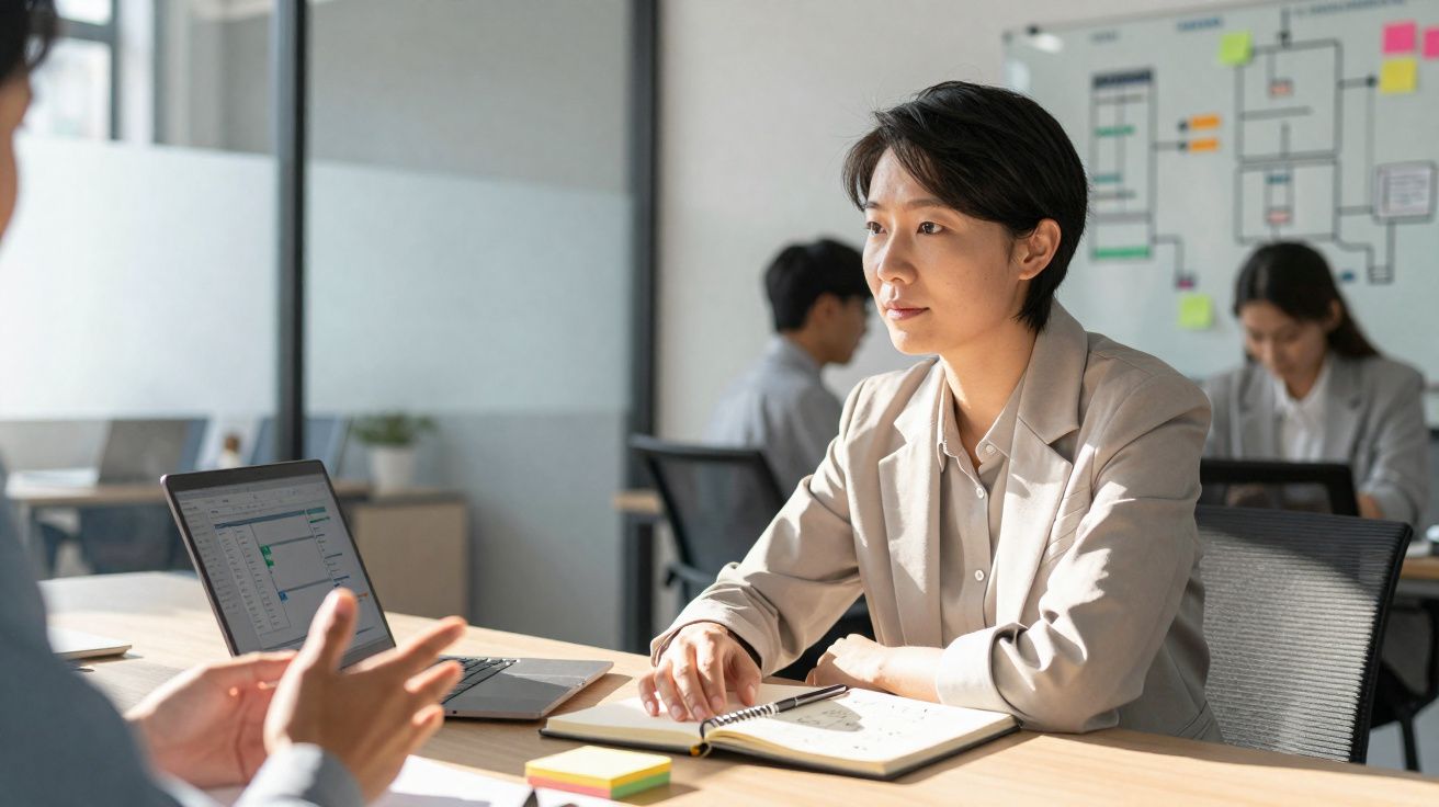 Mulher de negócios atenta numa reunião, com laptop e bloco de notas numa mesa de escritório moderno.