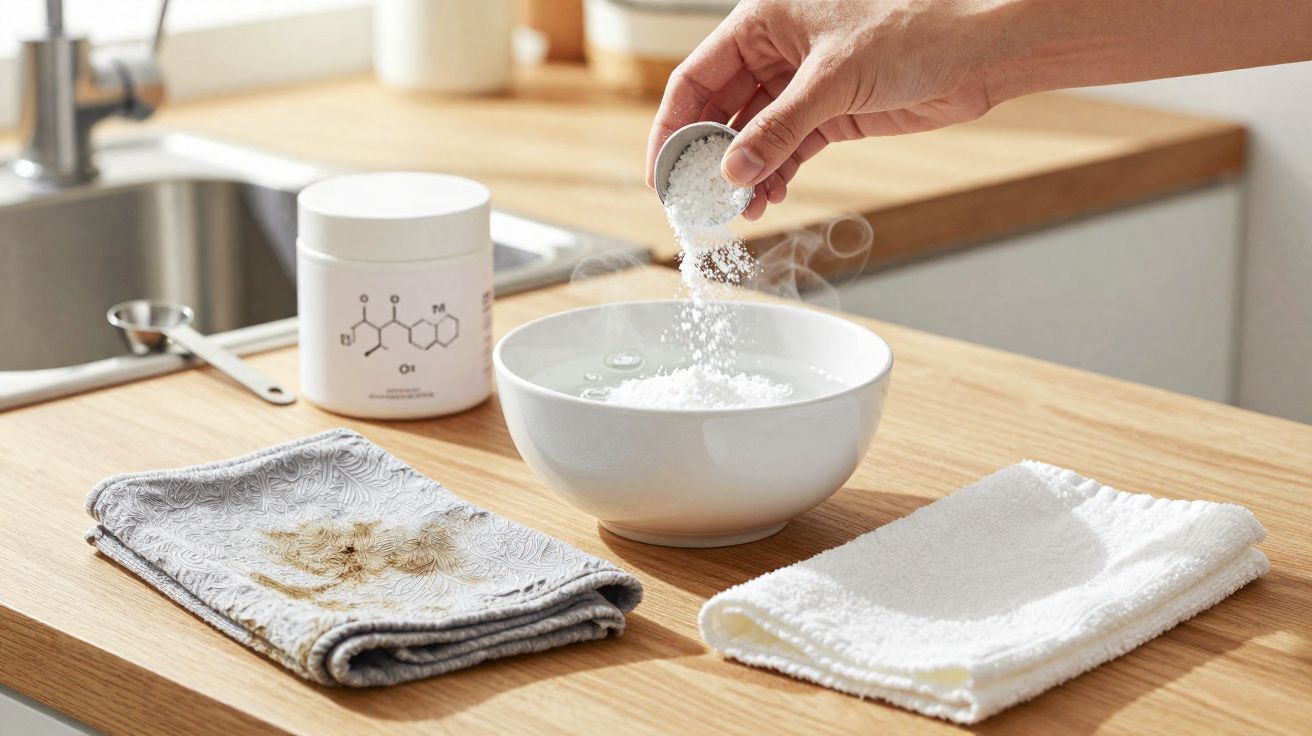 Mão a deitar pó branco numa tigela com água, ao lado de um pano sujo e um pano limpo numa bancada.