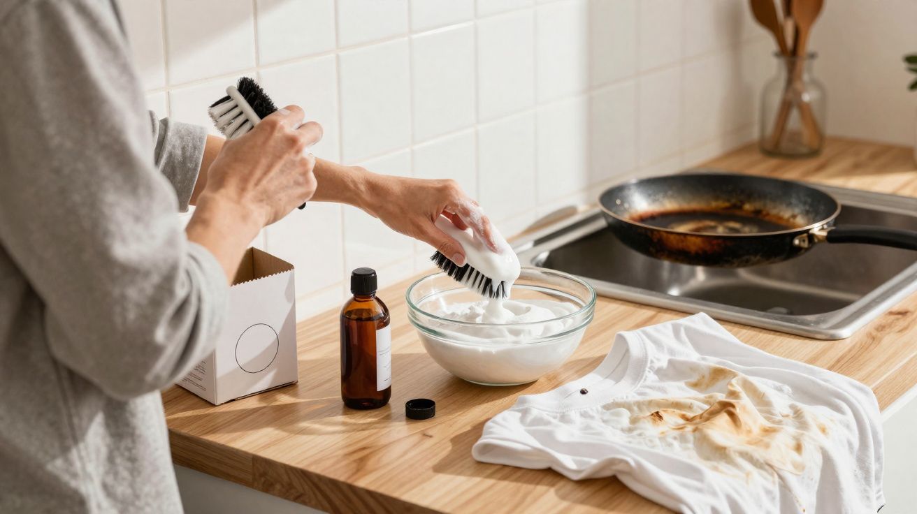 Pessoa a esfregar escova com espuma para limpar nódoa de t-shirt branca numa bancada de cozinha.