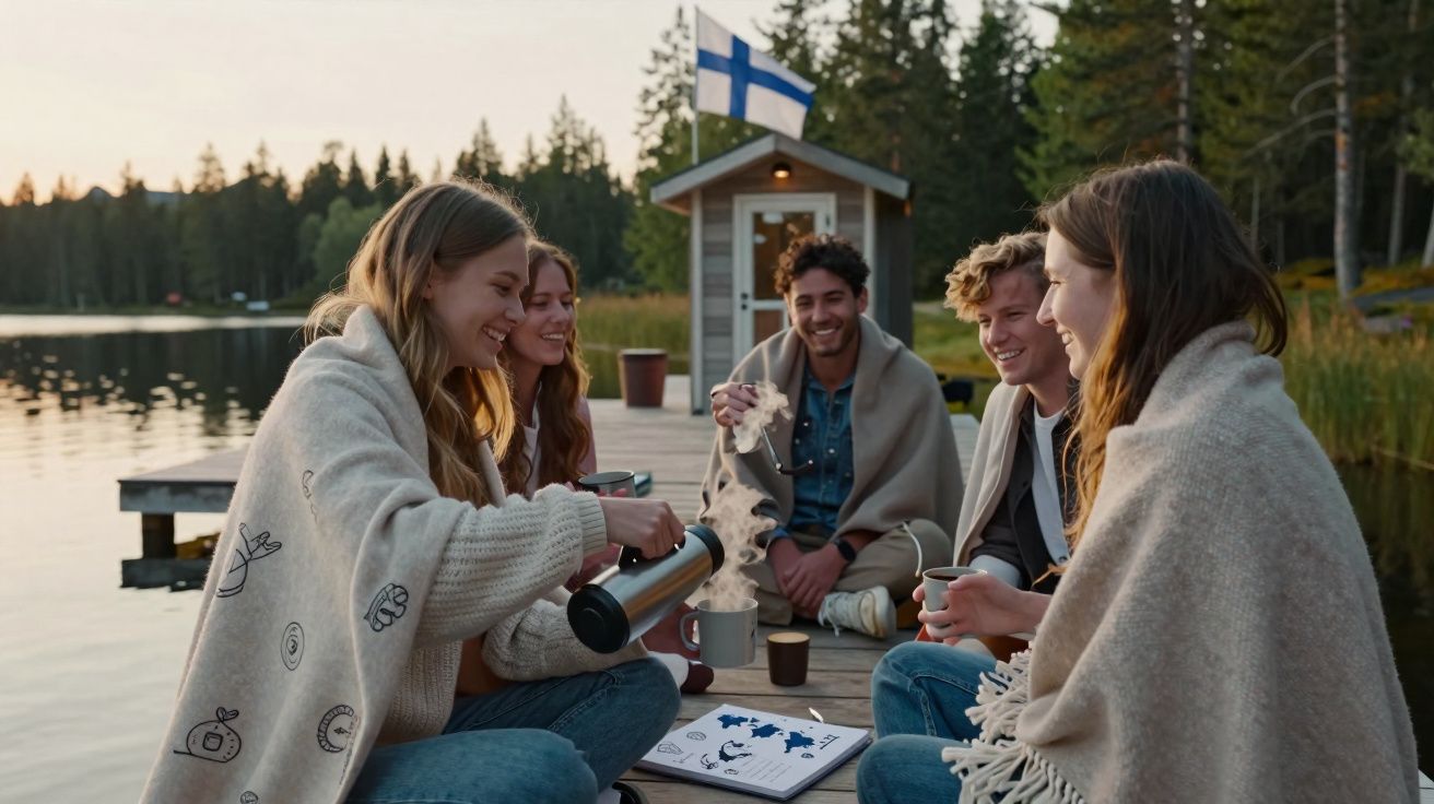 Grupo de cinco jovens com mantas, sentados num cais junto a um lago, a desfrutar bebidas quentes ao entardecer.