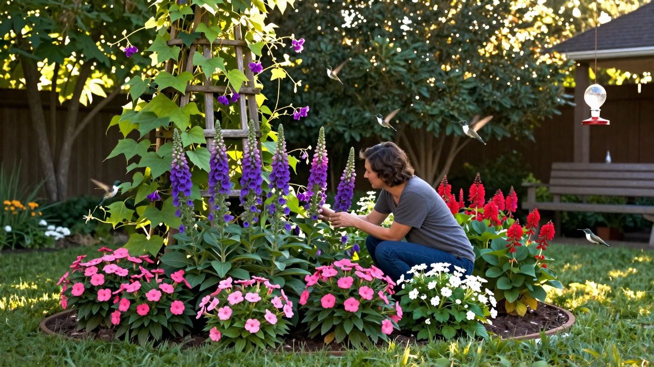 Pessoa a cuidar de flores coloridas num jardim com bebedouro de pássaros ao fundo.