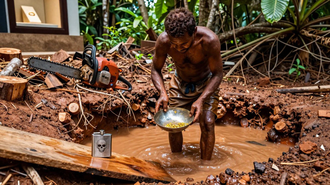Homem recolhe ouro em depósito de água num ambiente de mineração informal na floresta.
