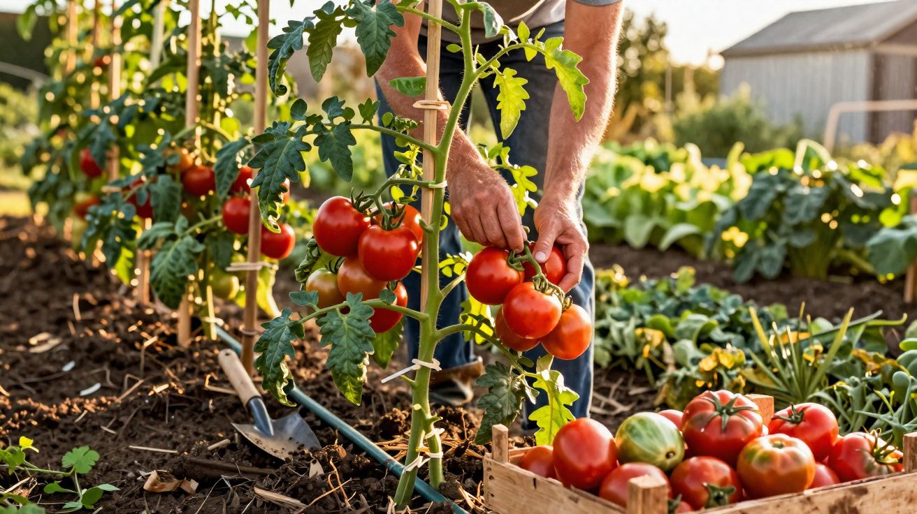 Pessoa a colher tomates maduros numa horta com caixa de madeira cheia de tomates ao lado.