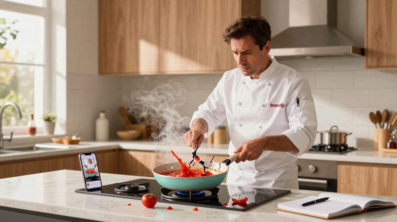 Homem vestido de chef cozinha molho de tomate numa frigideira com receita aberta no telemóvel à frente.