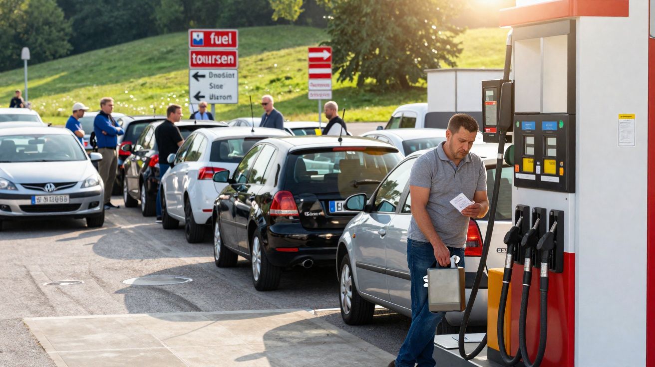 Homem a abastecer carro numa fila longa de veículos numa bomba de combustível ao pôr do sol.