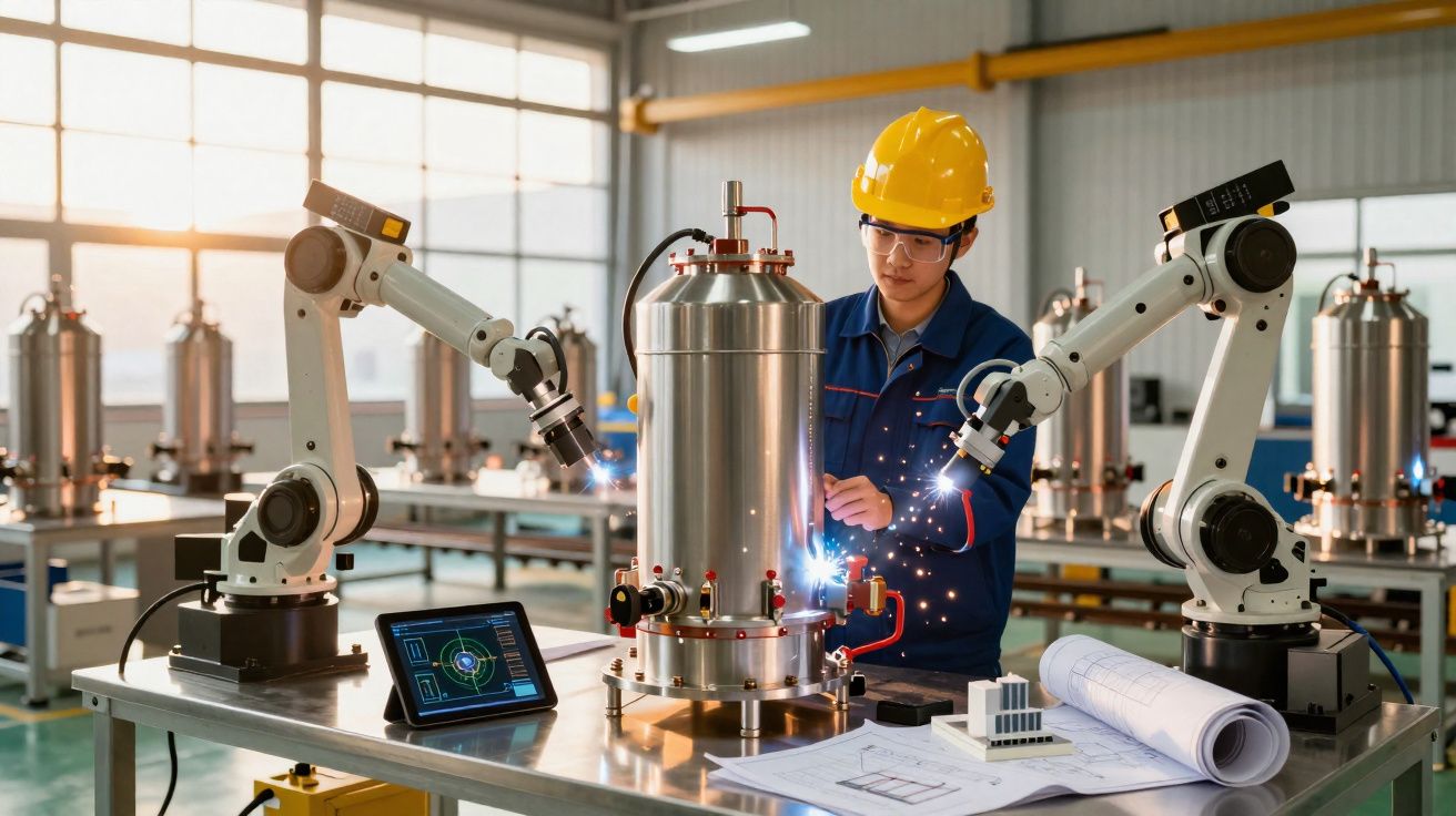 Engenheiro com capacete amarelo opera equipamento industrial com robôs numa fábrica moderna.