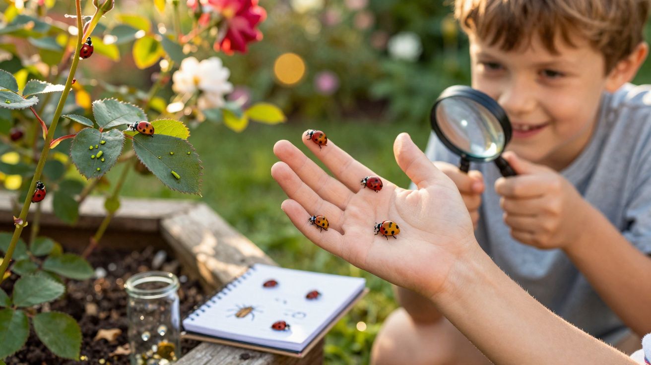 Criança com lupa observa joaninhas numa mão, junto de caderno de desenhos numa horta exterior.