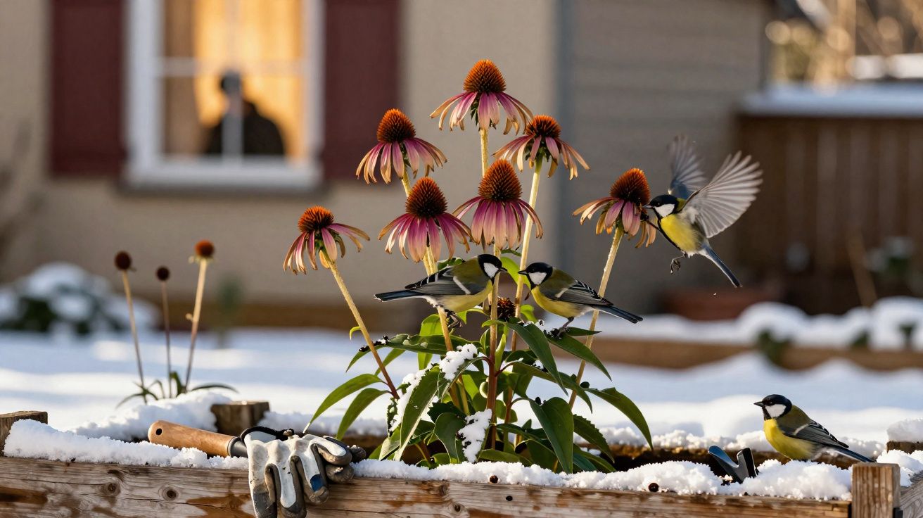 Pássaros sobre flores roxas e nevadas num canteiro de jardim com luvas e utensílios de jardinagem.