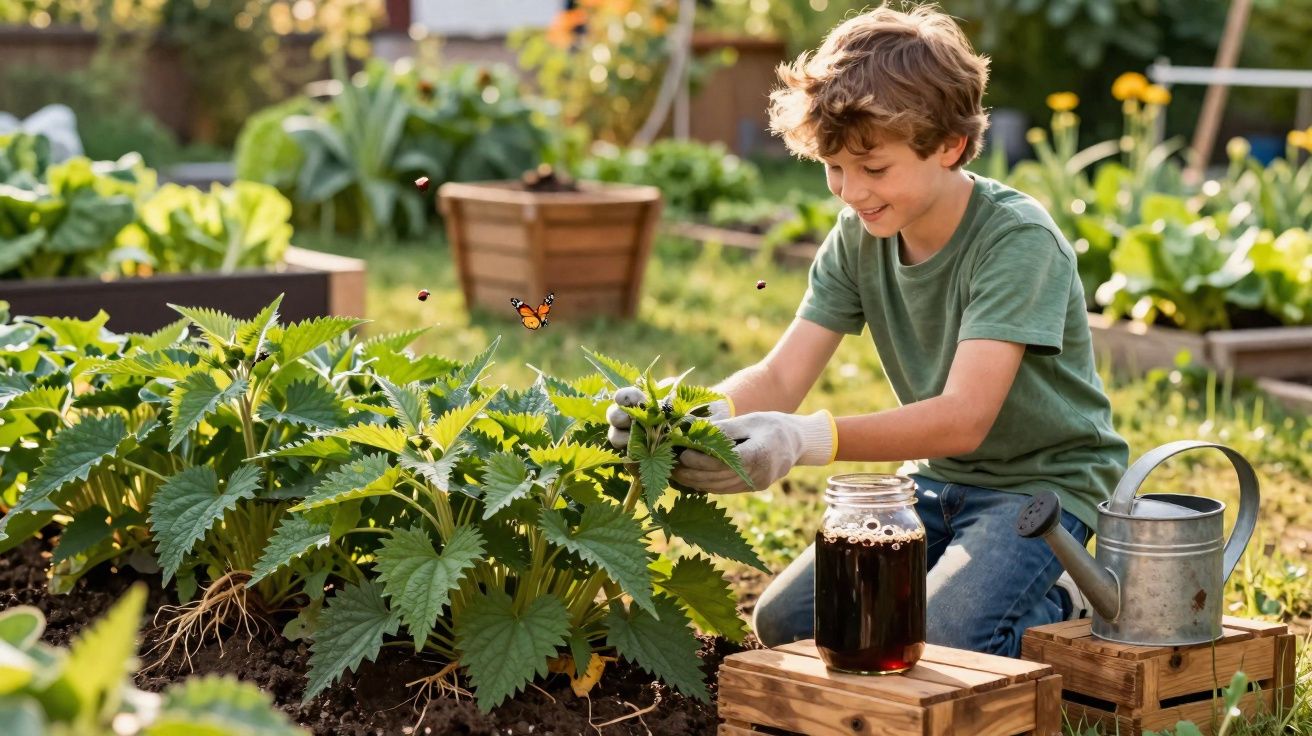 Menino a cuidar de plantas num jardim, com regador e frasco ao lado, rodeado de folhagem verde.