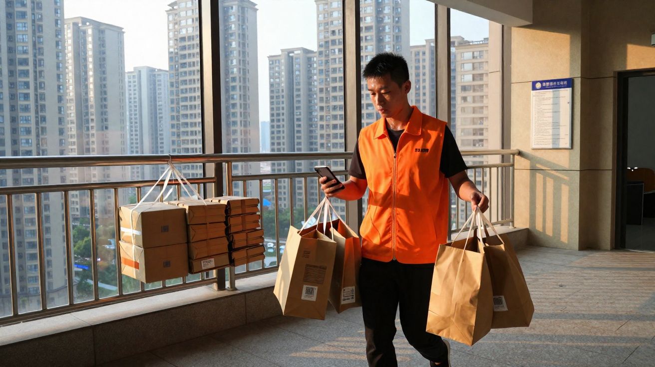 Homem de colete laranja com várias sacolas e caixas a verificar o telemóvel numa varanda urbana.