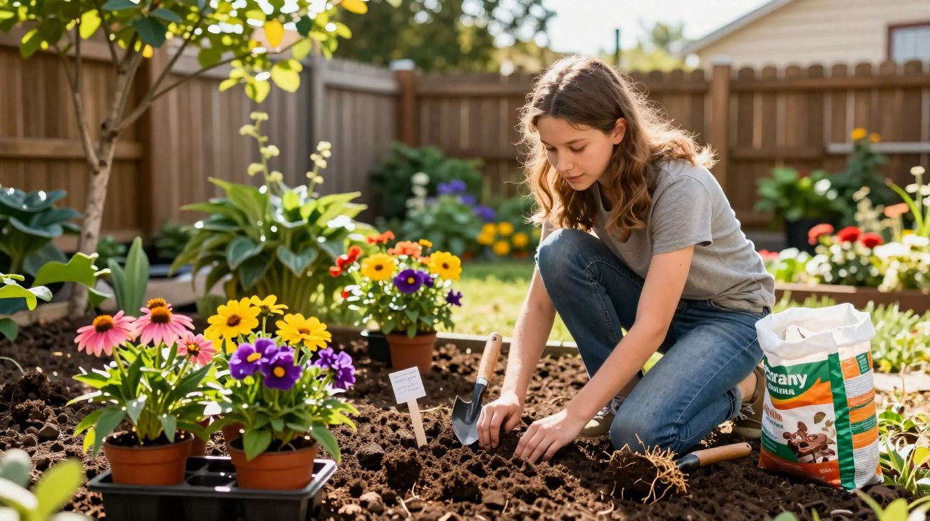 Menina a plantar flores coloridas num jardim com terra fresca e ferramentas de jardinagem ao lado.