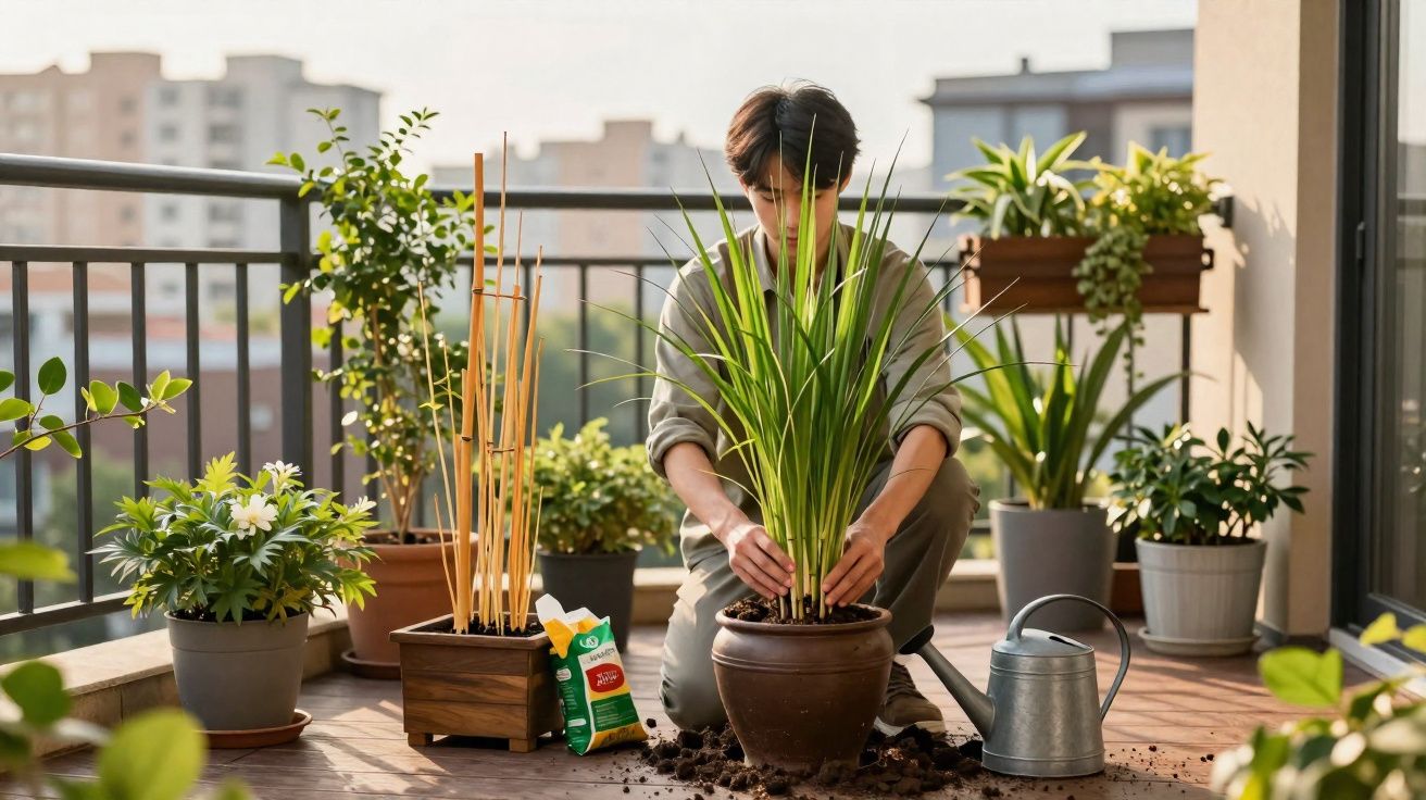 Pessoa a transplantar planta em vaso grande numa varanda com várias outras plantas e regador ao lado.