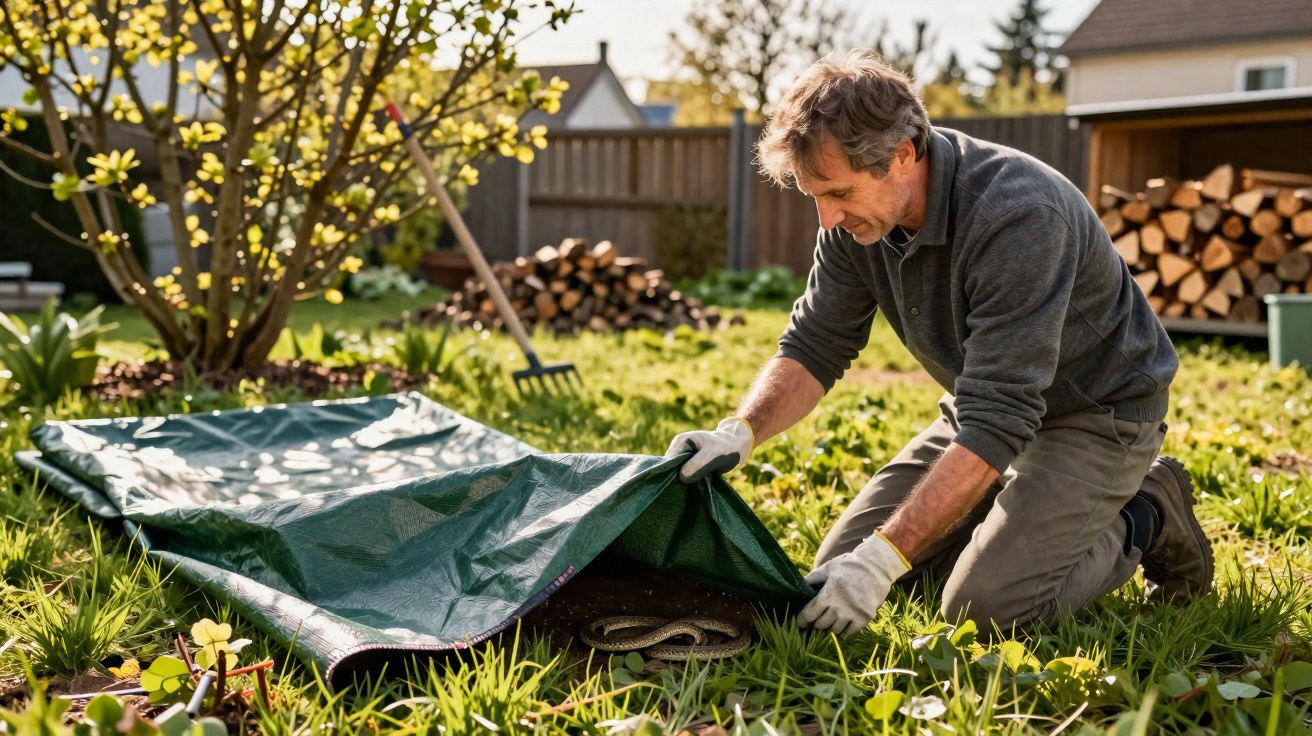 Homem de joelhos num jardim a cobrir uma cobra com um pano verde.