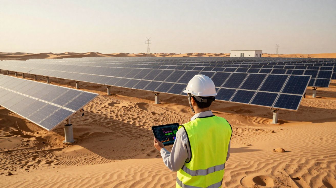 Homem com colete reflexivo e capacete verifica dados num tablet numa central solar em deserto arenoso.