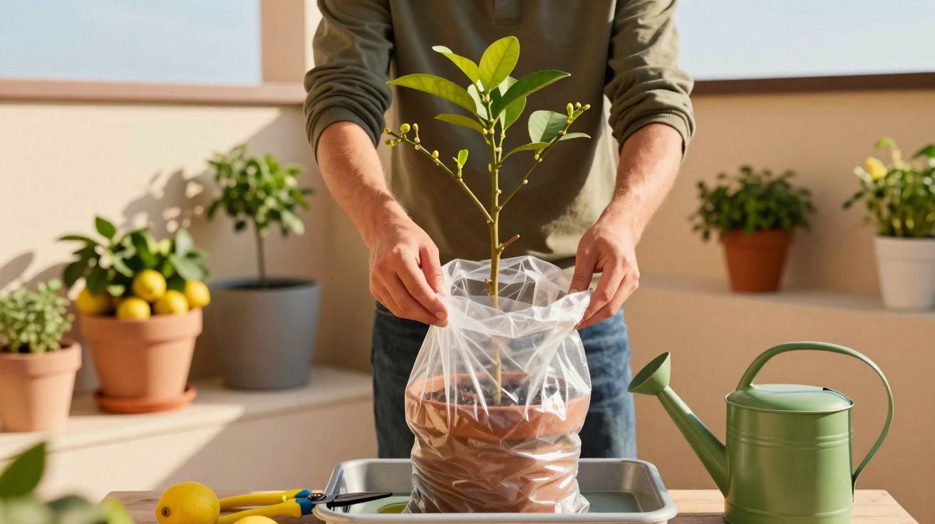 Pessoa a transplantar uma planta jovem num saco de plástico para vaso, numa mesa com ferramentas de jardinagem.