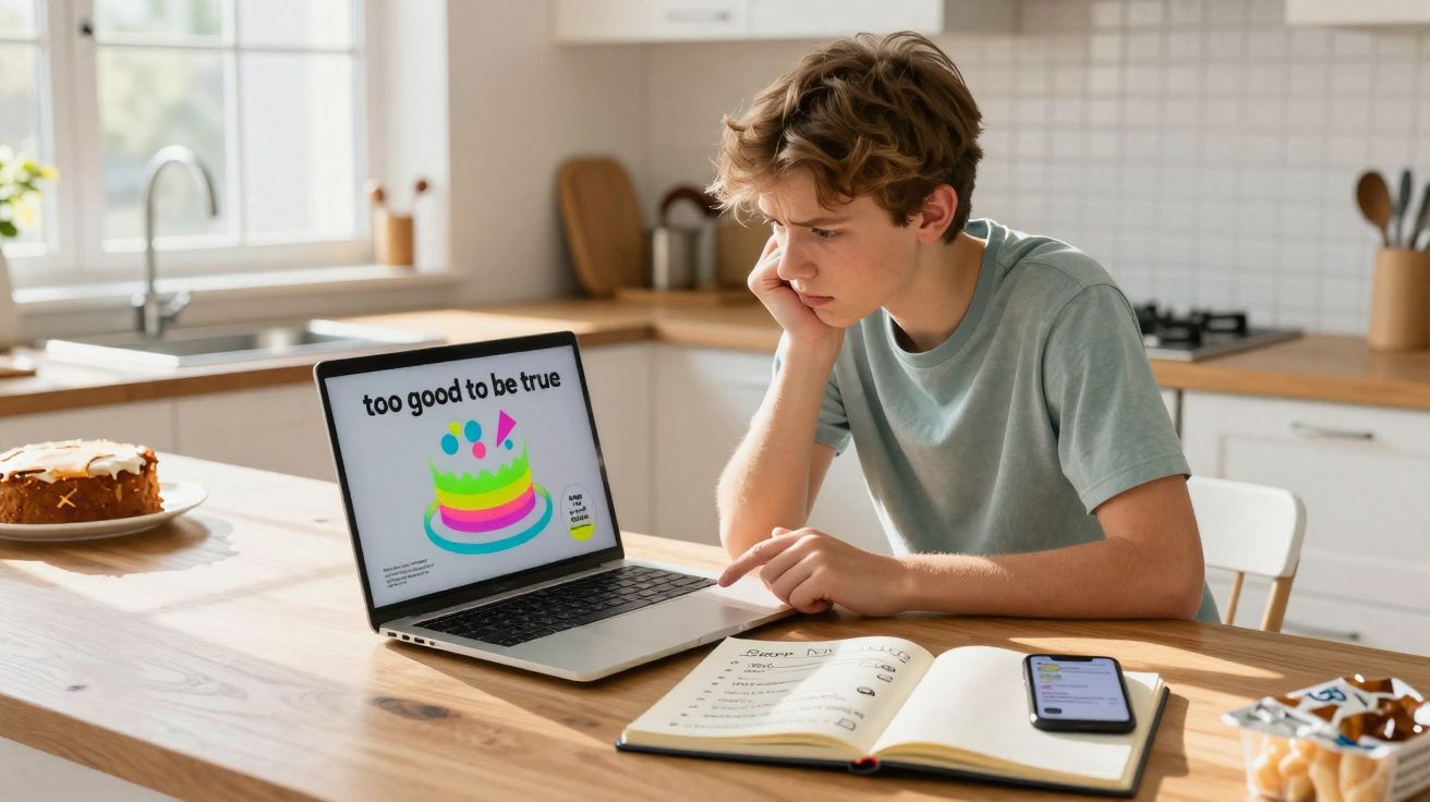 Rapaz sentado à mesa da cozinha a olhar para um portátil com imagem colorida de bolo e texto "too good to be true".