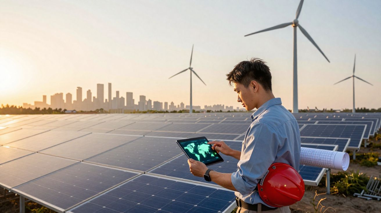 Engenheiro analisa dados num tablet junto a painéis solares e turbinas eólicas ao pôr do sol, com cidade ao fundo.