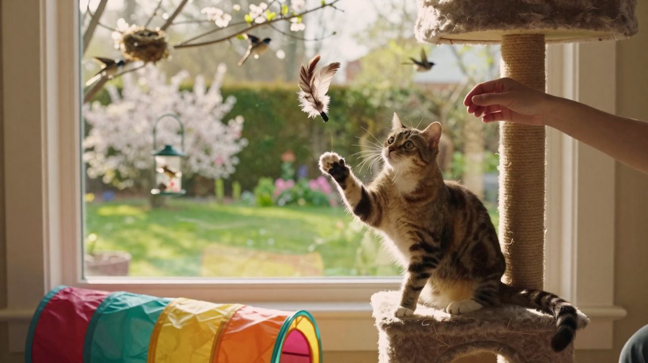Gato atinge uma pena em cima de arranhador junto a uma mão humana, com vista para um jardim florido pela janela.