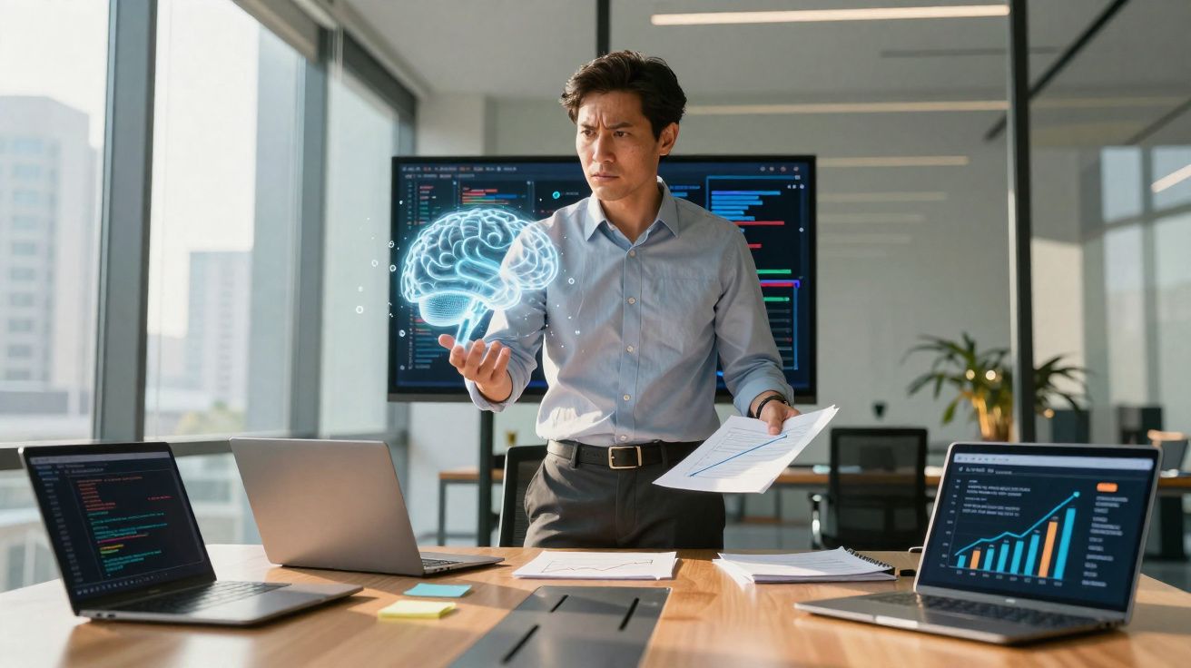 Homem numa sala de escritório com gráficos em ecrãs e imagem digital de cérebro flutuando na mão.