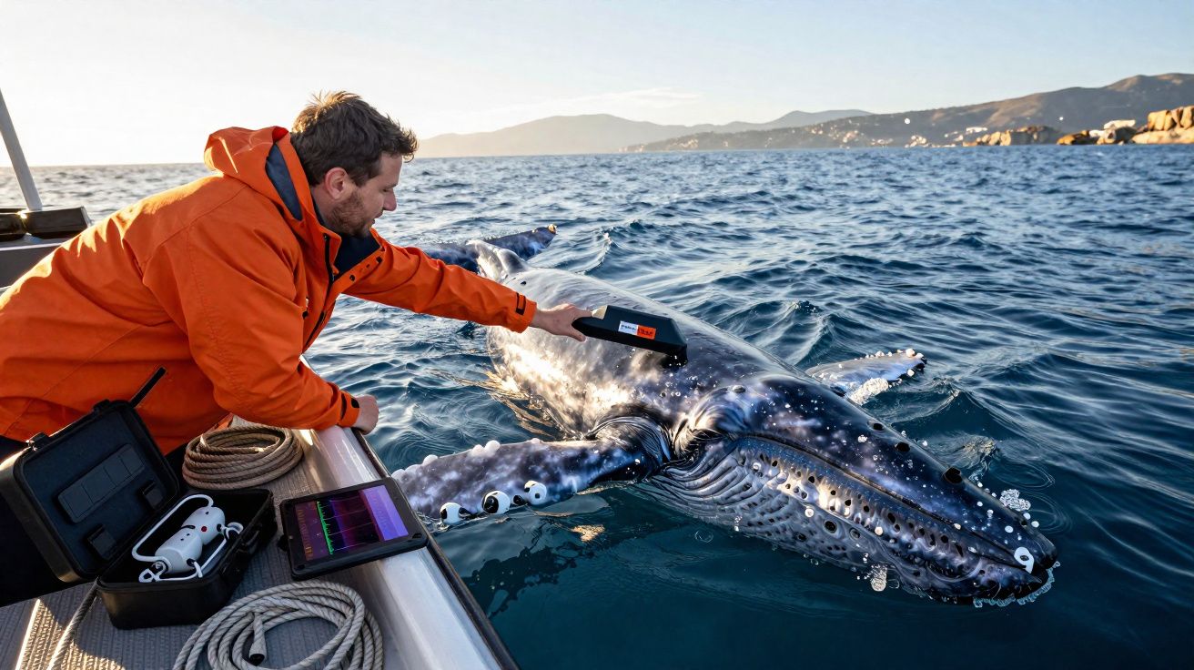 Homem com casaco laranja recolhe dados de uma baleia próxima de um barco no mar ao amanhecer.