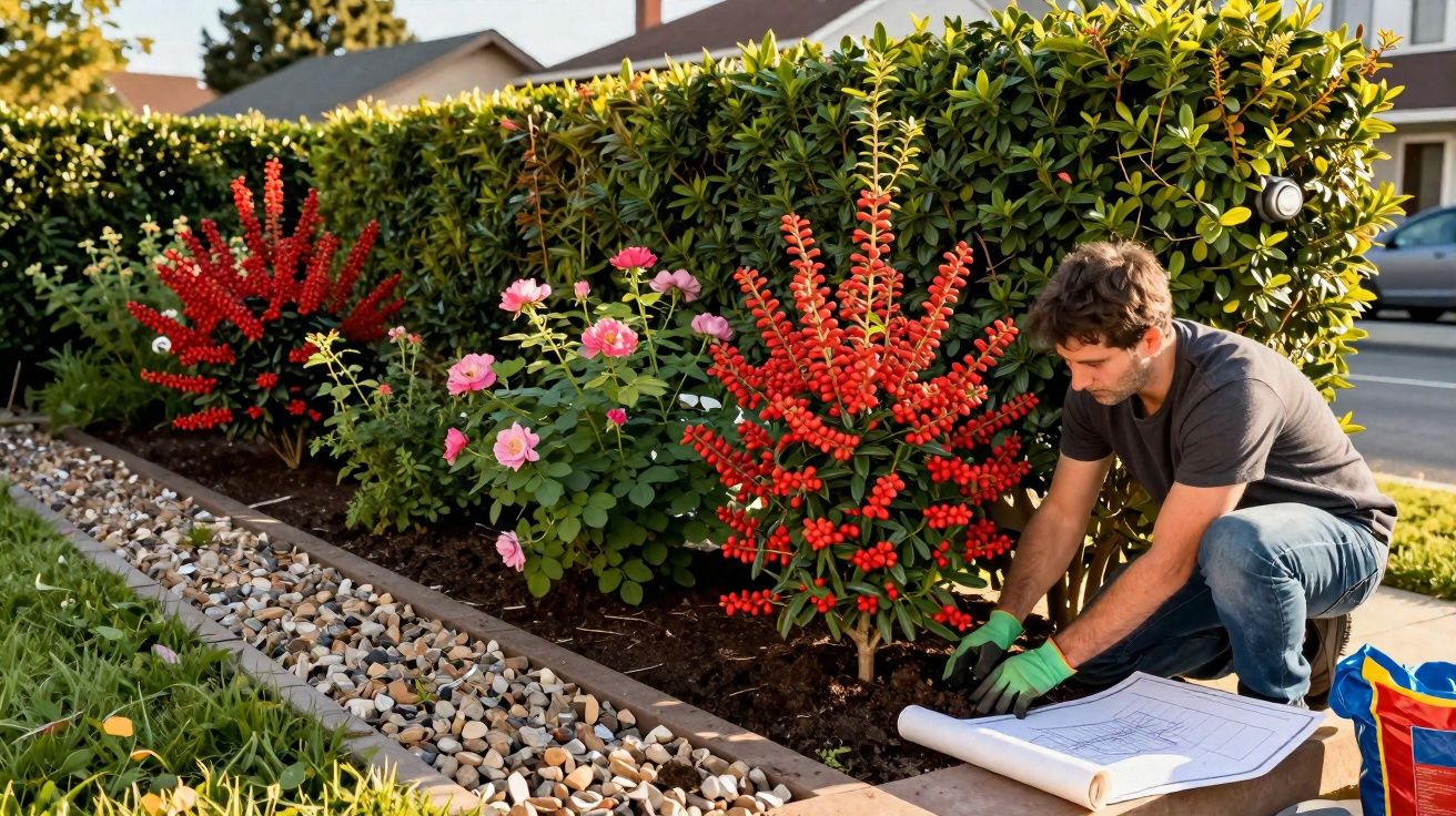 Homem a jardinar ao lado de arbustos com bagas vermelhas e flores rosas junto a uma casa.