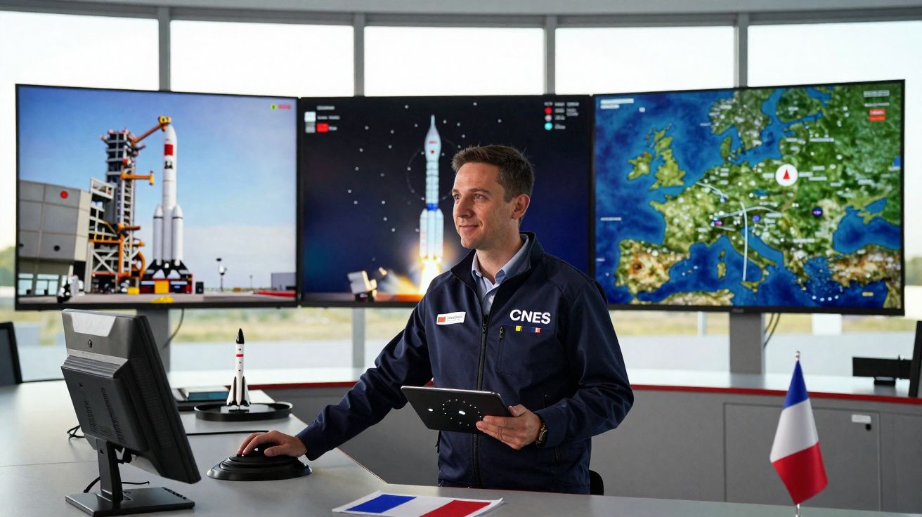 Homem com casaco CNES em centro de controlo espacial com ecrãs de foguetões e mapa da Europa ao fundo.