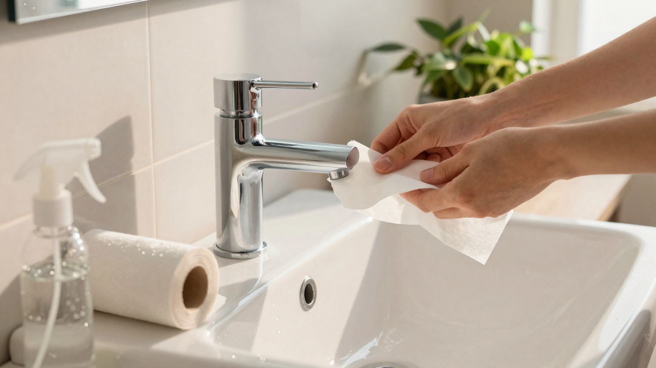 Mãos a limpar torneira cromada da pia com pano branco, rolo de papel e pulverizador no lavatório branco.