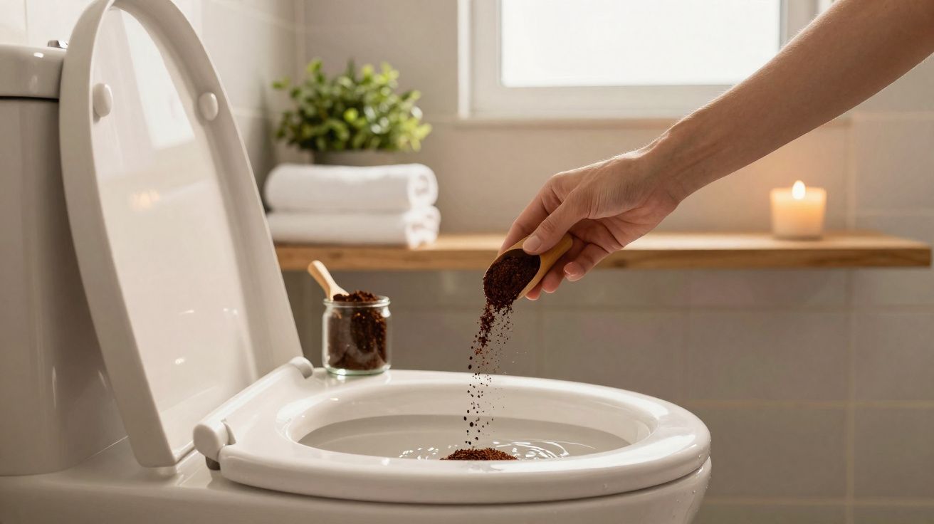 Pessoa a deitar borra de café na sanita branca num banheiro iluminado e decorado com vela e toalhas.