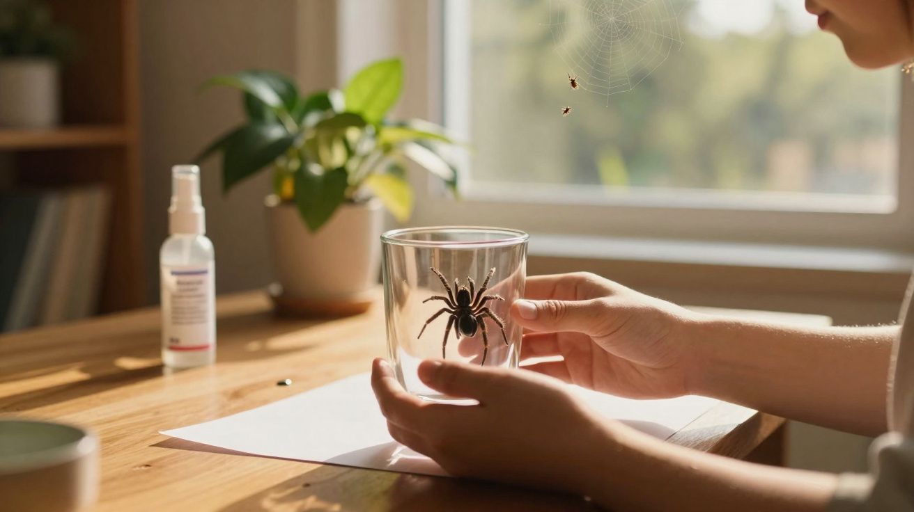 Pessoa a segurar copo de vidro com aranha dentro, sala iluminada com planta e janela ao fundo.
