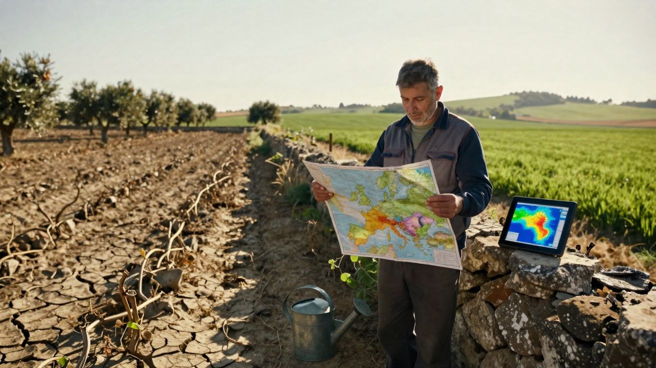 Homem numa vinha seca vê mapa, com tabela de dados climáticos num tablet ao lado, campo verde ao fundo.