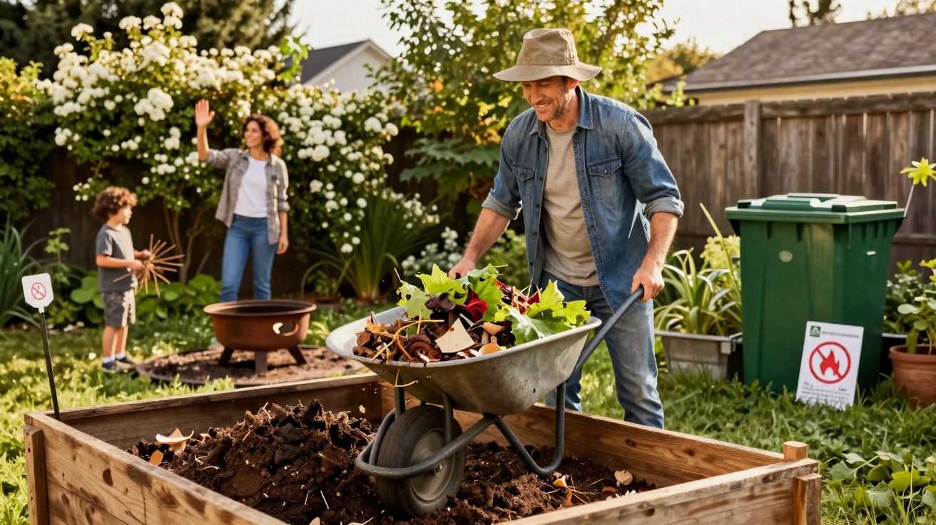 Homem a transportar composto num carrinho de mão, mulher e criança junto a canteiro num jardim ensolarado.