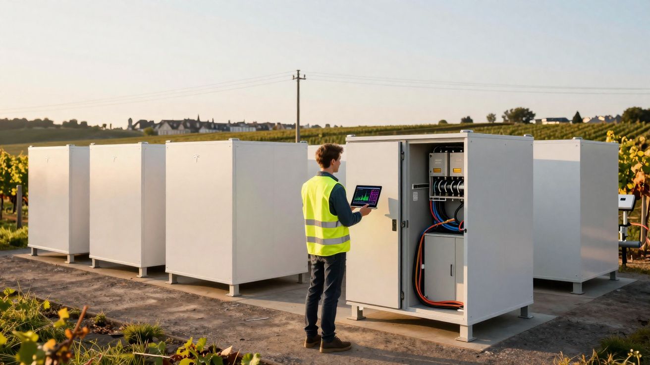 Técnico com colete refletor a verificar equipamento elétrico em caixas brancas ao ar livre numa área rural.