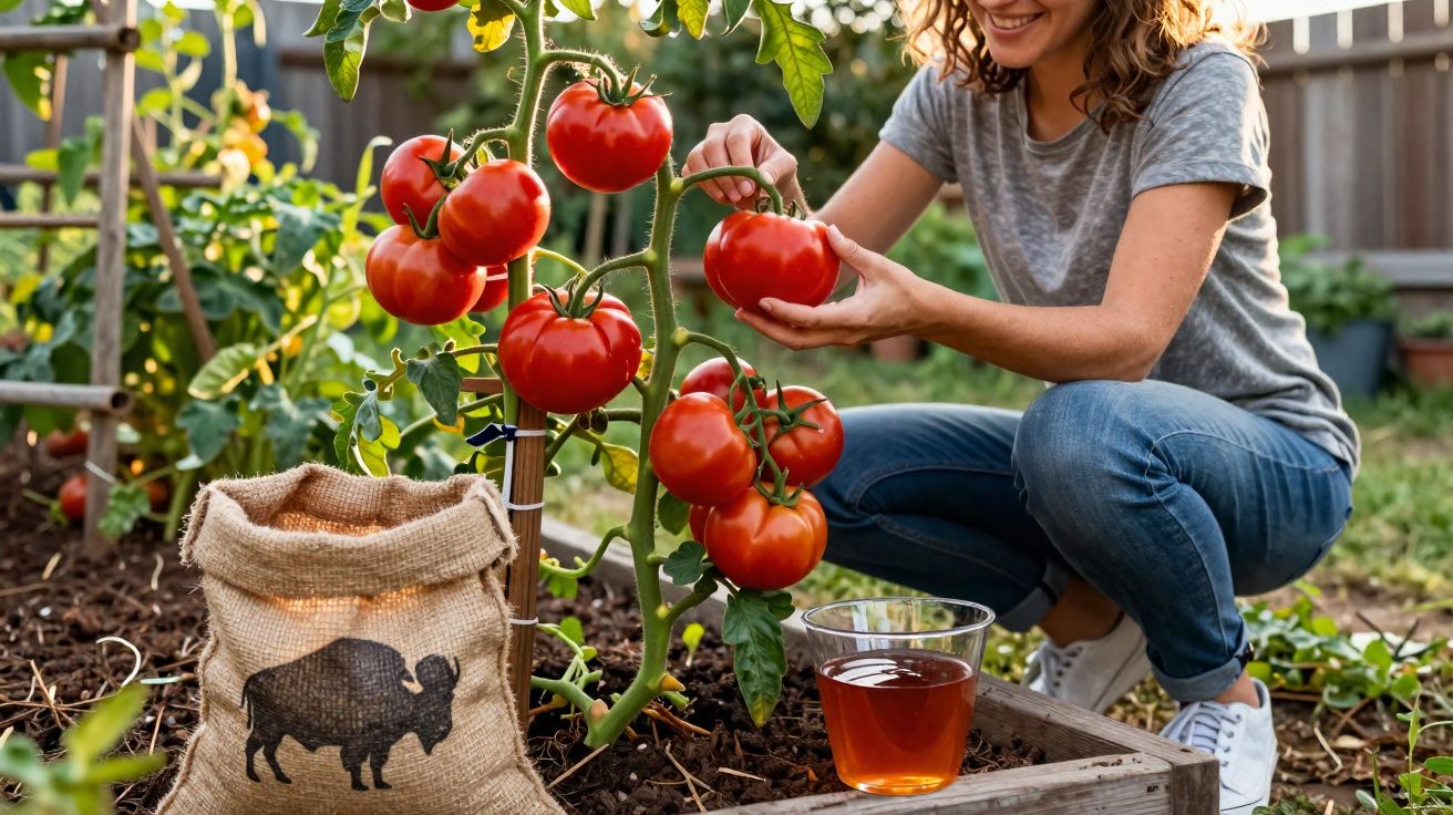 Mulher colhe tomates maduros numa horta, com saco de sementes e copo de chá à sua frente.