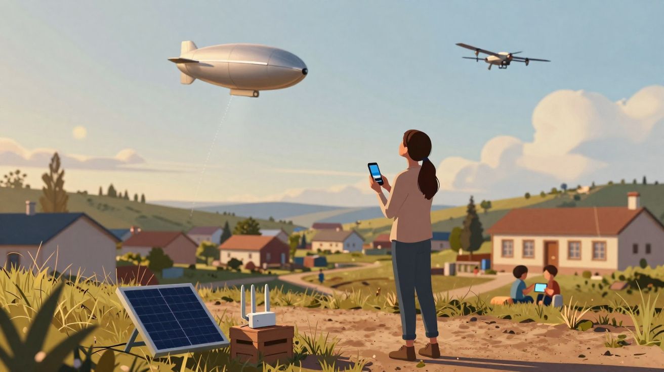 Pessoa controla um drone e um dirigível, utilizando tecnologia em ambiente rural com painéis solares.