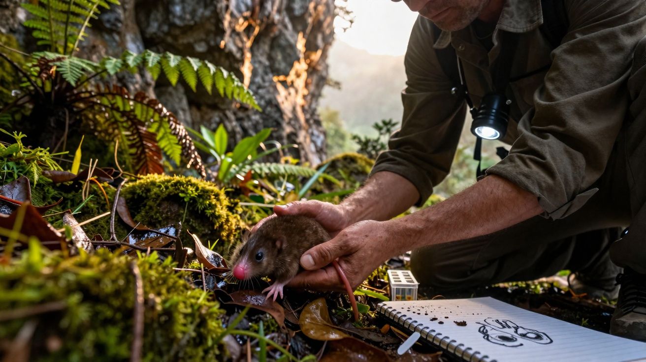 Investigador a segurar um rato selvagem na floresta, com caderno de desenho e lanterna pendurada no pescoço.