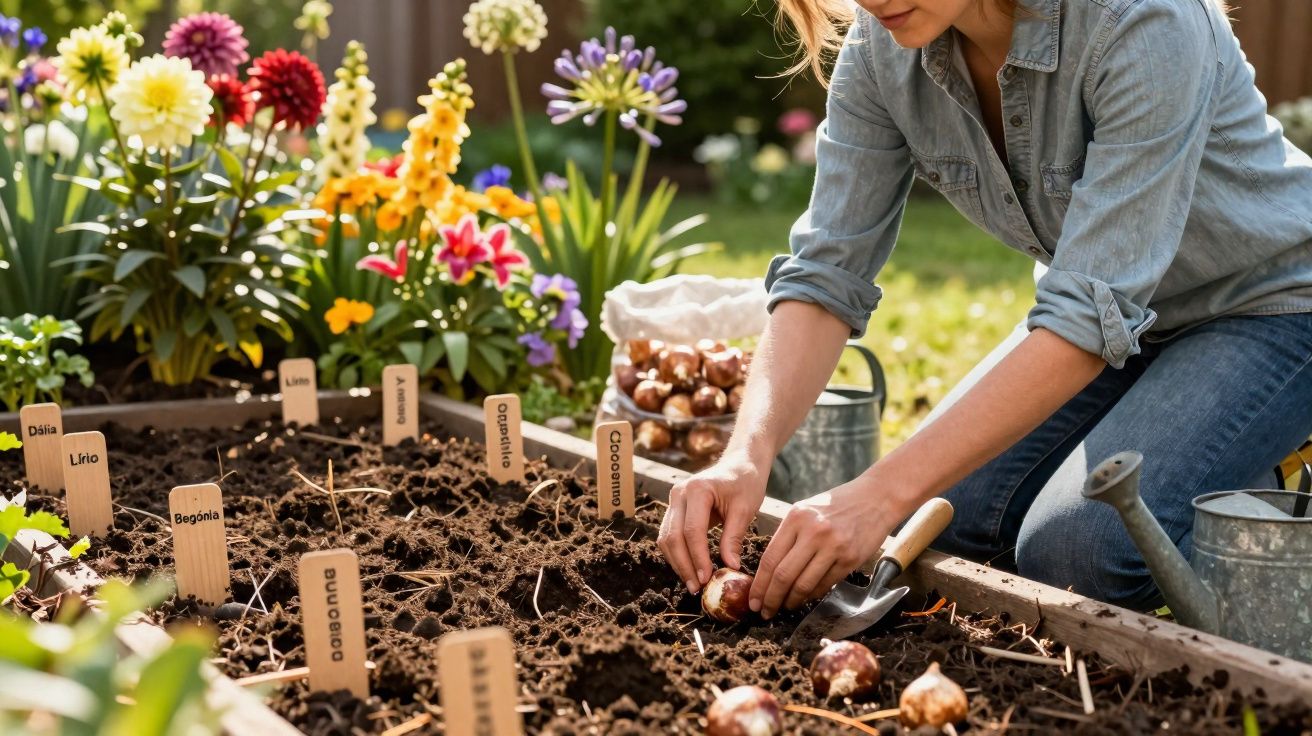 Pessoa a plantar bolbos de flores num canteiro com etiquetas identificativas em jardim colorido.