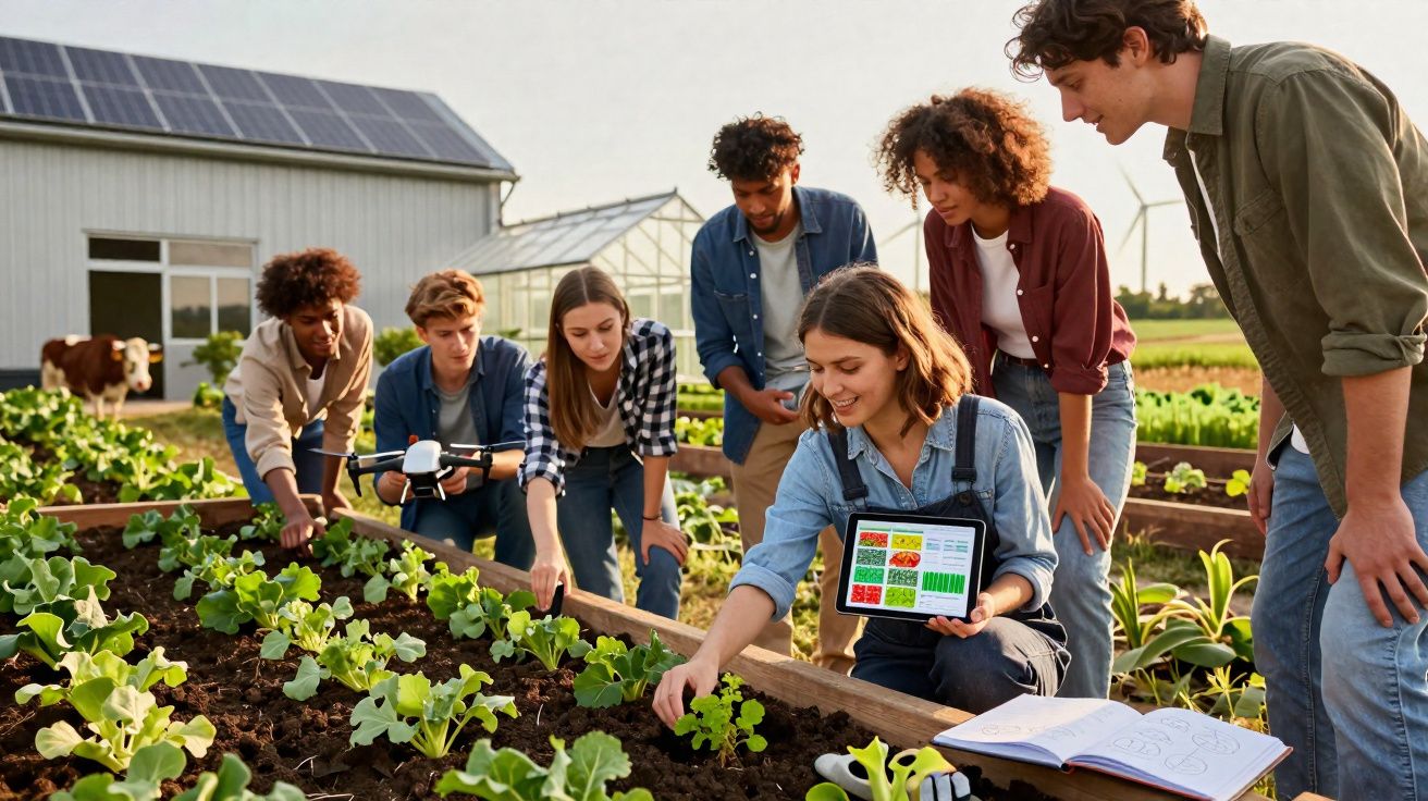 Grupo de jovens agricultores com tablet a analisar plantas numa horta biológica ao ar livre.