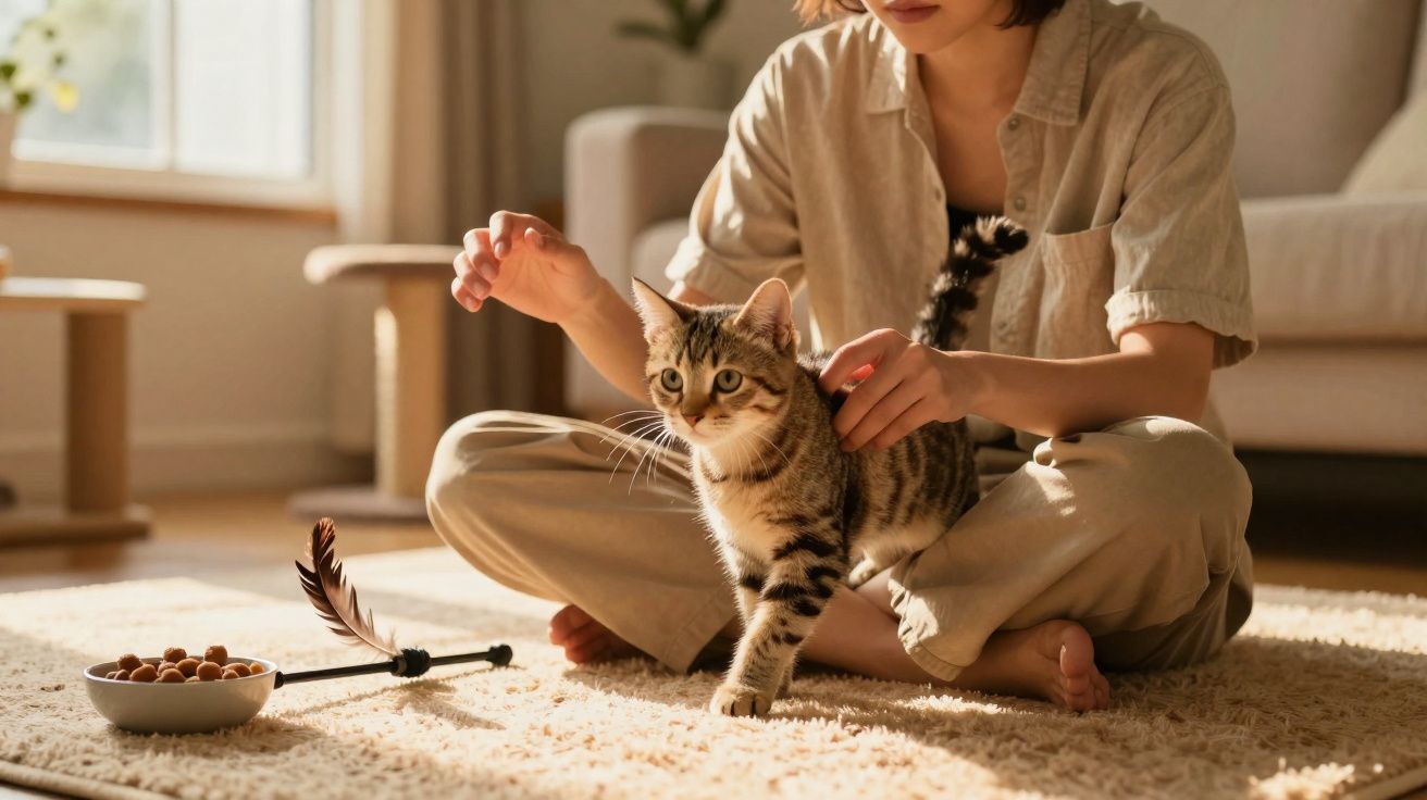 Pessoa sentada no chão a brincar e acariciar um gato num ambiente interior iluminado pelo sol.